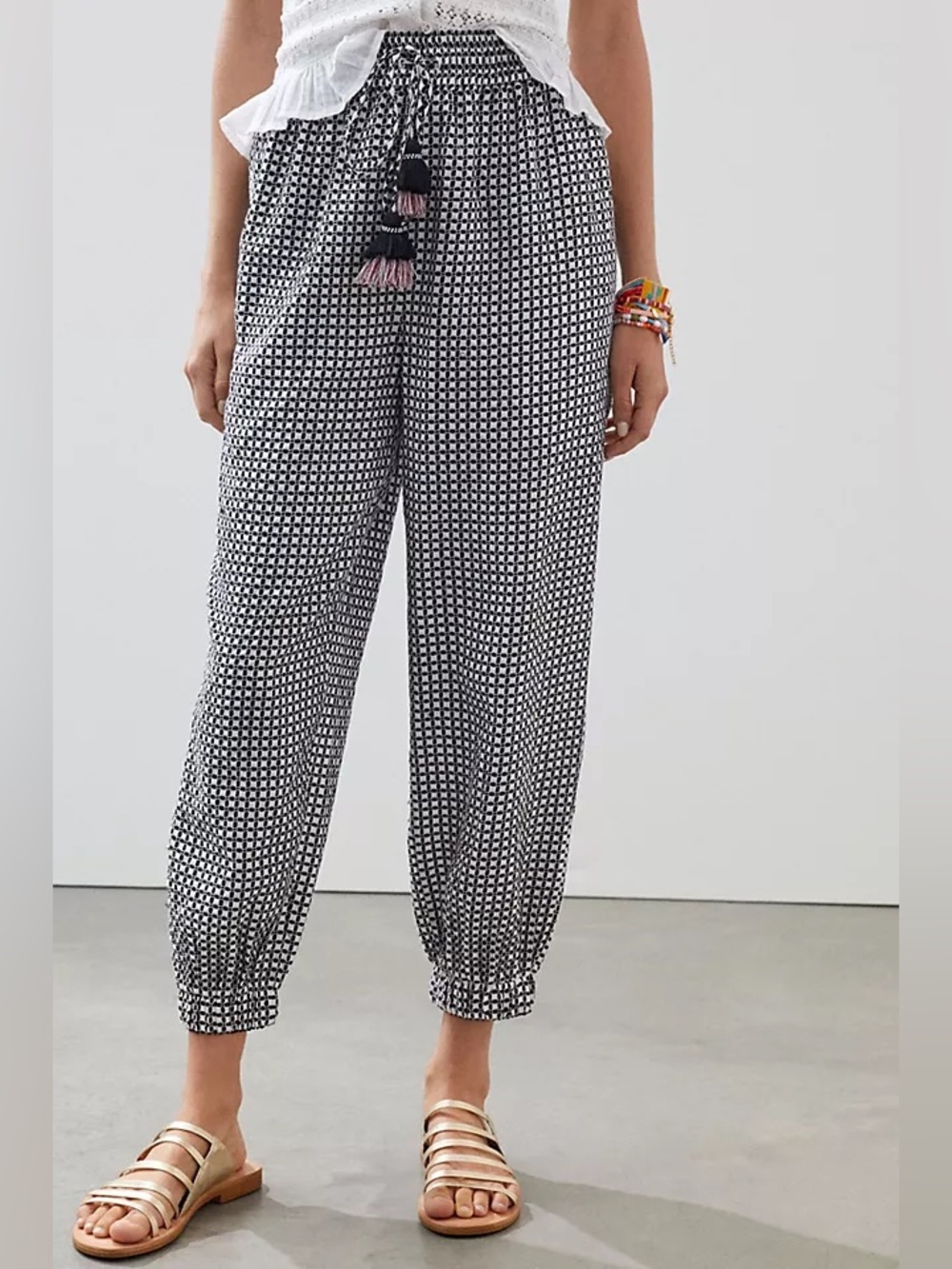 Anthropologie Ollari XS Geometric Jogger Pants Tassel Tie Boho